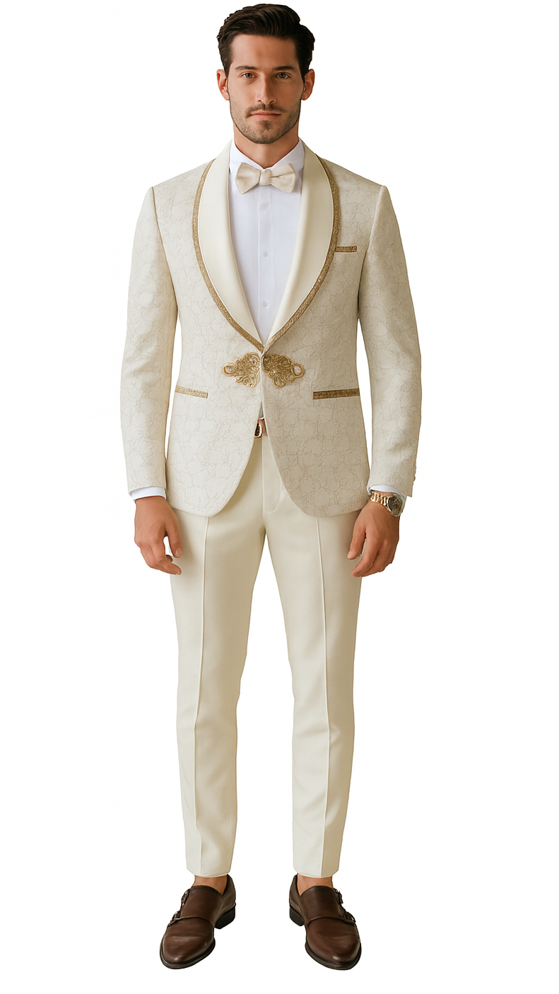 Ivory & Gold Paisley Tuxedo with Ornate Clasp – Wedding & Prom