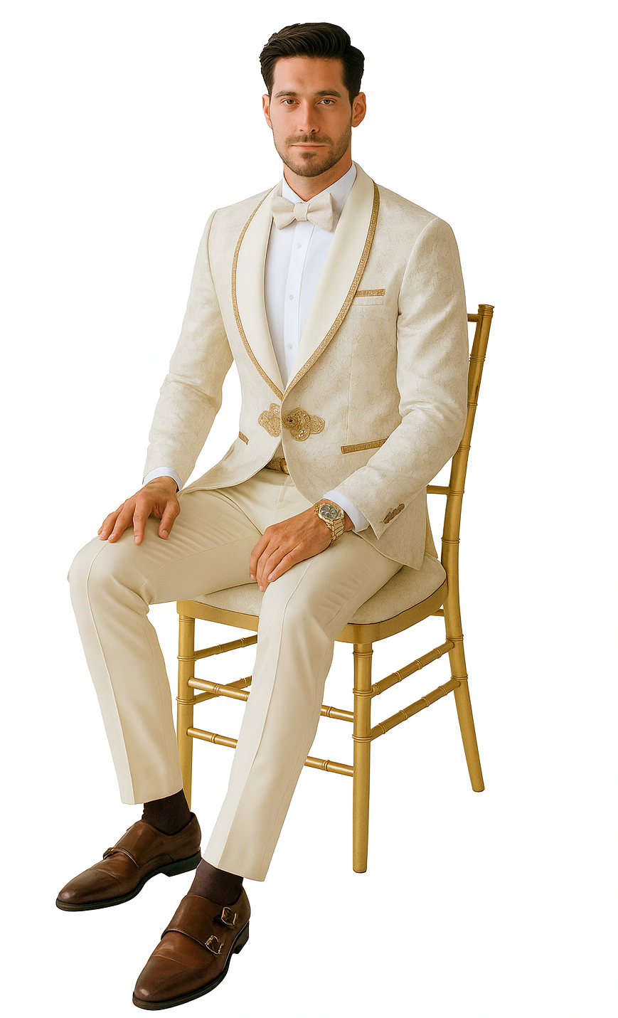Ivory & Gold Paisley Tuxedo with Ornate Clasp – Wedding & Prom