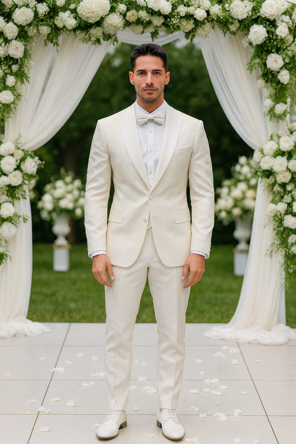 Ivory Textured Jacquard Tuxedo 4-Piece Set with Shawl Lapel – Wedding & Prom