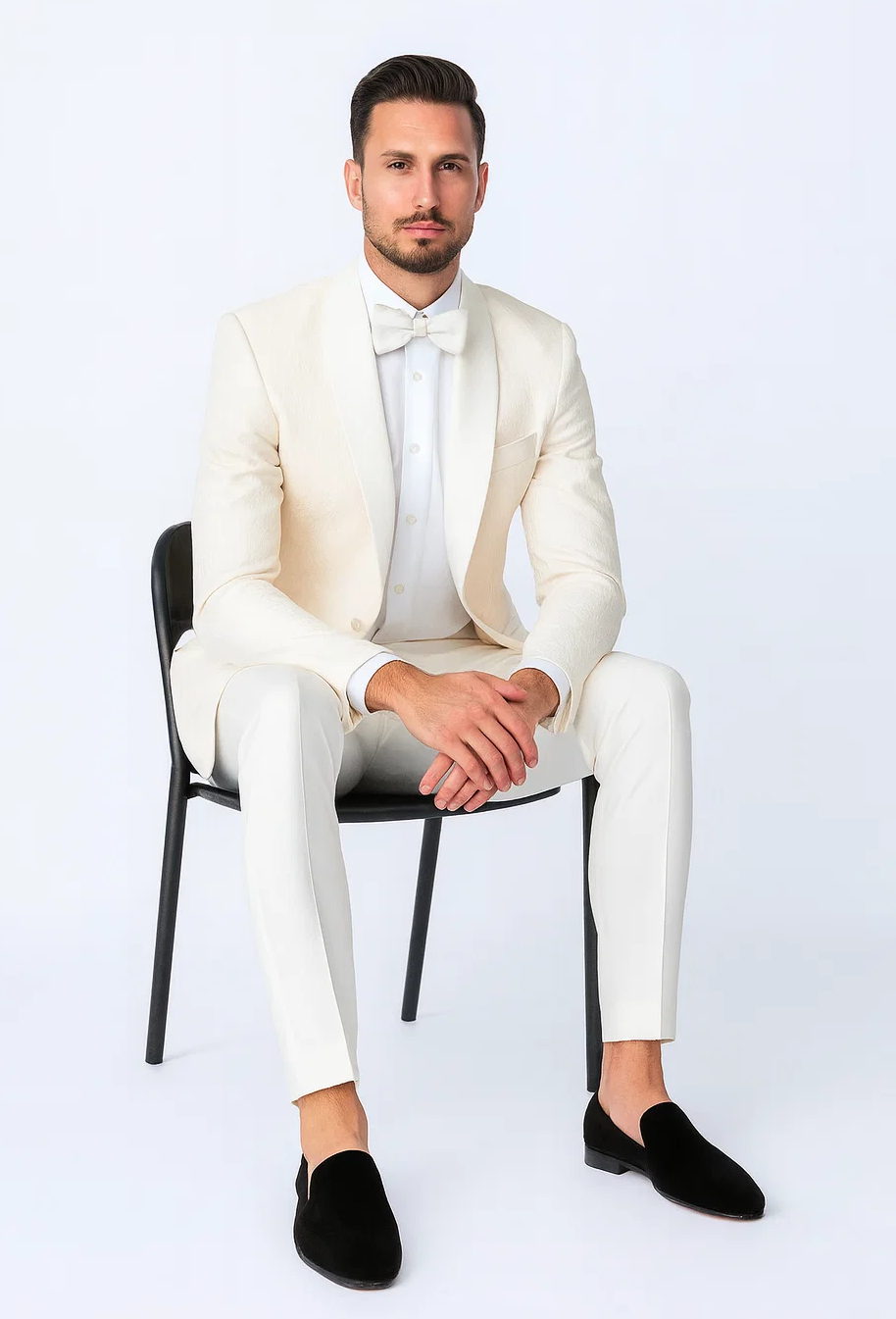 Ivory Textured Jacquard Tuxedo 4-Piece Set with Shawl Lapel – Wedding & Prom