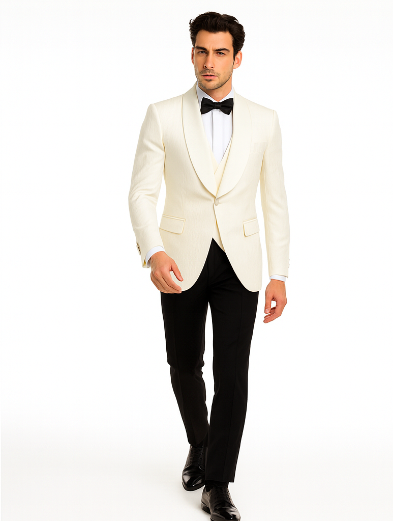 Ivory Tuxedo Dinner Jacket Paisley Texture Fabric Groom Tuxedo Jacket - Prom Blazer