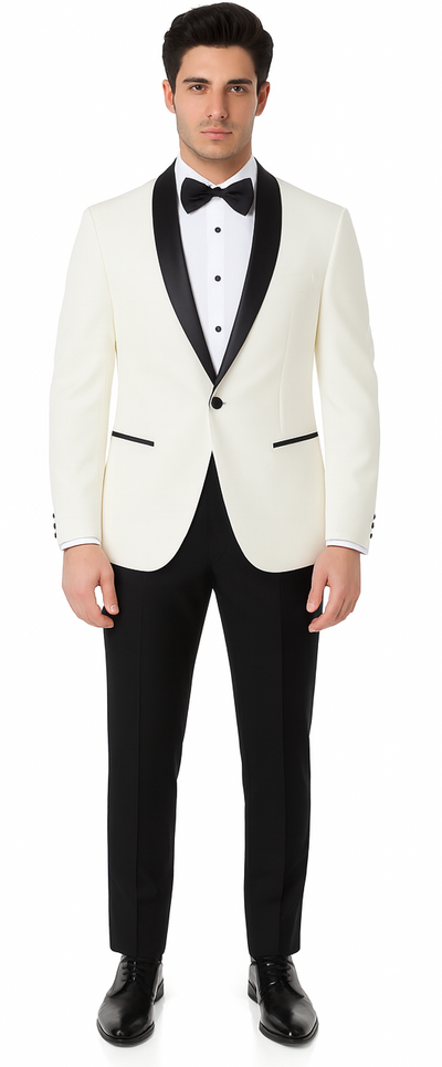 Ivory Slim Fit Tuxedo with Black Shawl Lapel – 3 Piece Wedding & Prom Set