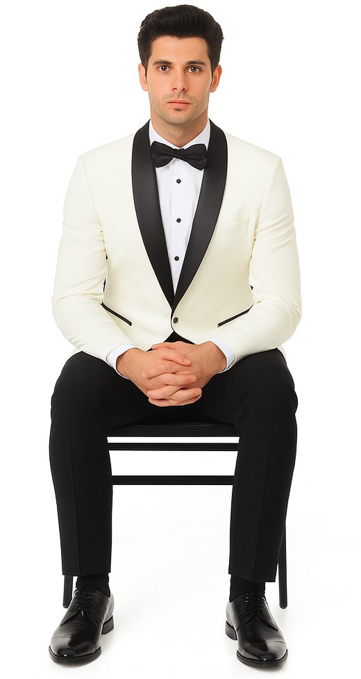 White Slim Fit Tuxedo with Black Shawl Lapel – Wedding & Prom