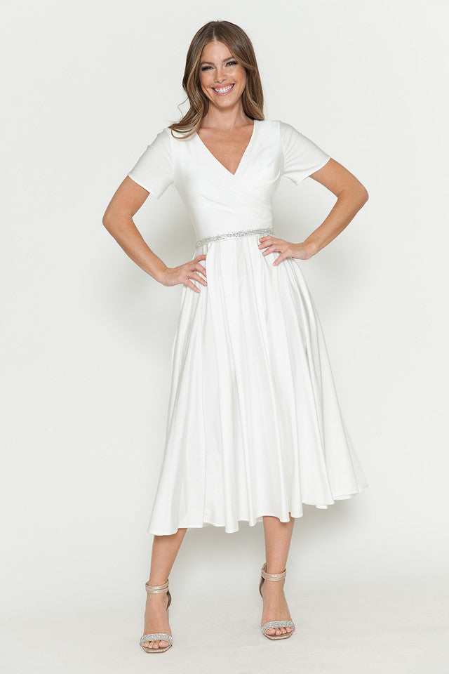 Lenovia 5274 V-Neck Short Sleeve Midi Cocktail Dress with Rhinestone Waist Formal & Wedding Guest Attire