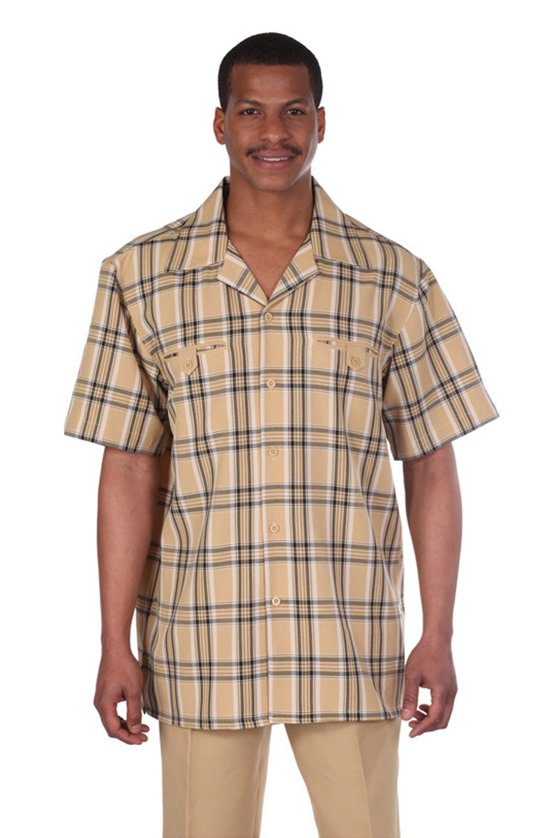 Mens Short Sleeve Plaid Walking Suit in Gold