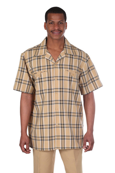 Mens Short Sleeve Plaid Walking Suit in Gold