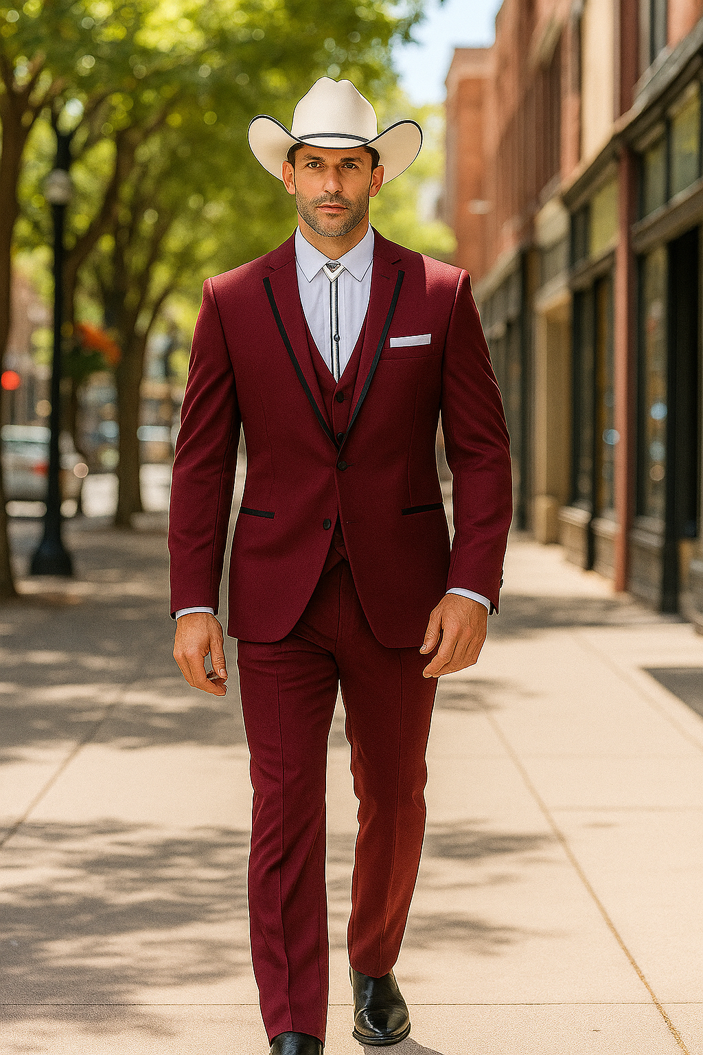 SKU#JA60892 Country Tuxedos For Weddings Mens Western Traje Vaquero Suit - Burgundy Tuxedo