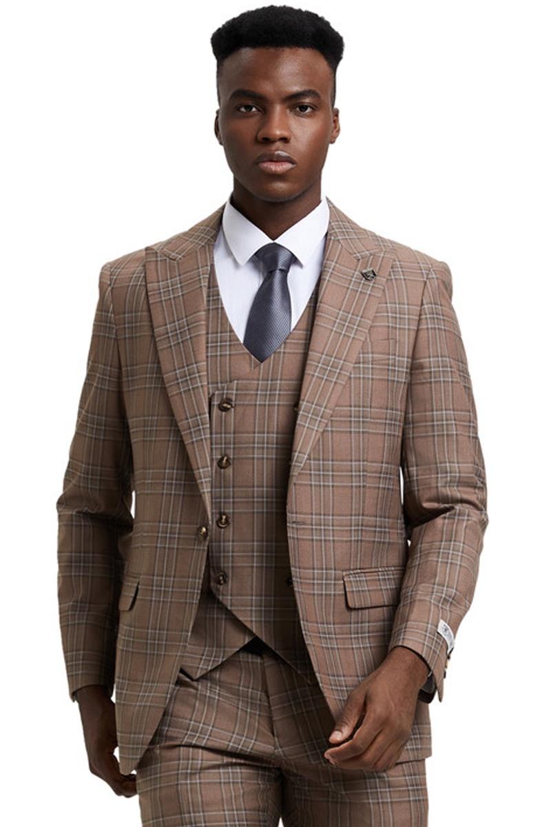 Stacy Adams Light Brown Plaid Peak Lapel Vest Suit