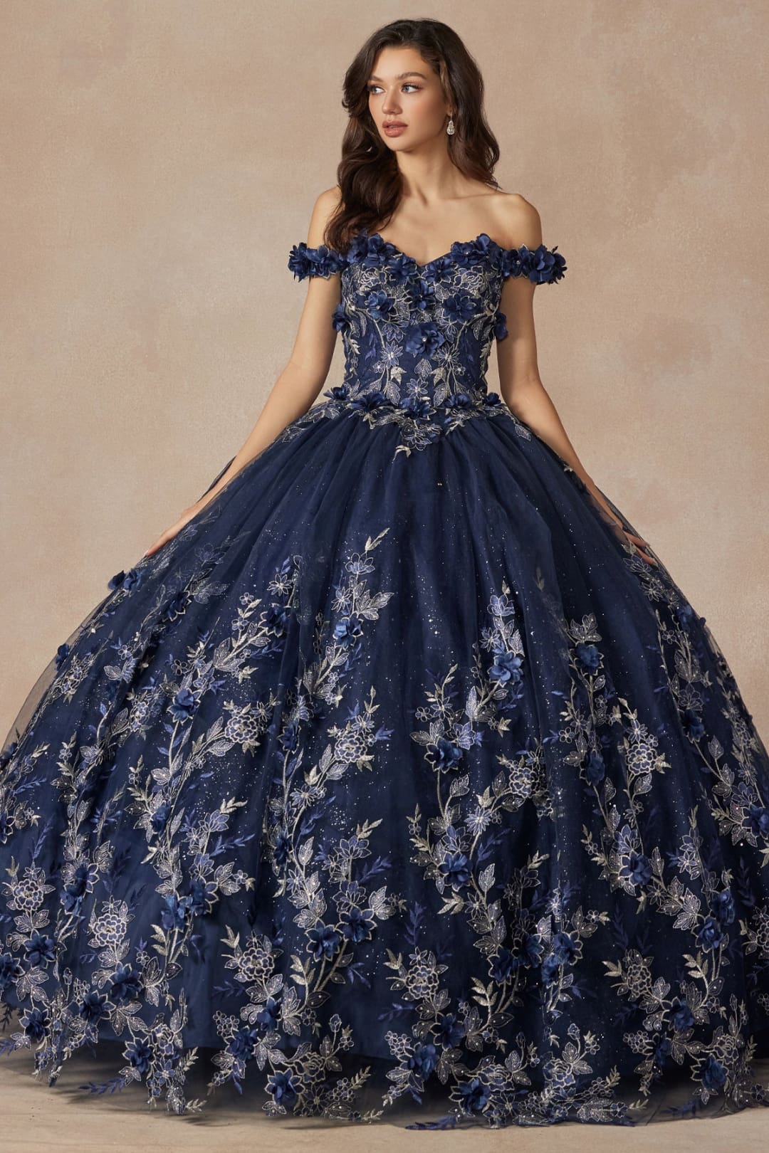 Juliet 1447 Off Shoulder 3D Floral Applique Sweet 16 Quince Ball Gown