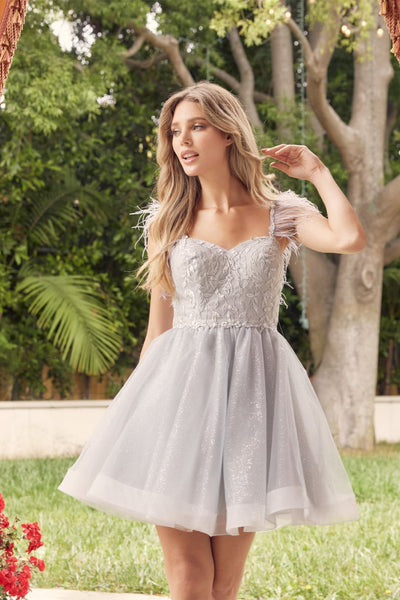 Juliet 881 Feathers A-line Glitter Tulle Short Cocktail Dama Dress
