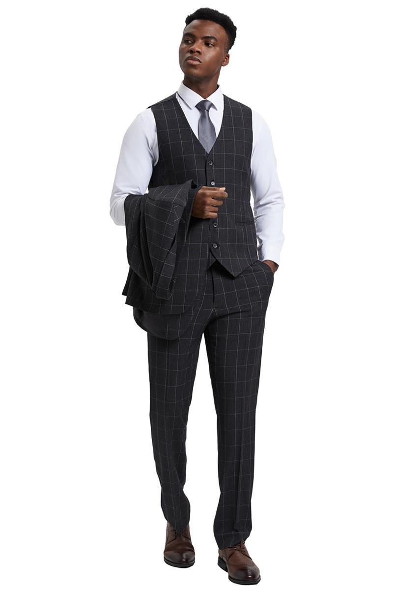Stacy Adams Windowpane Vest Suit - Dark Charcoal
