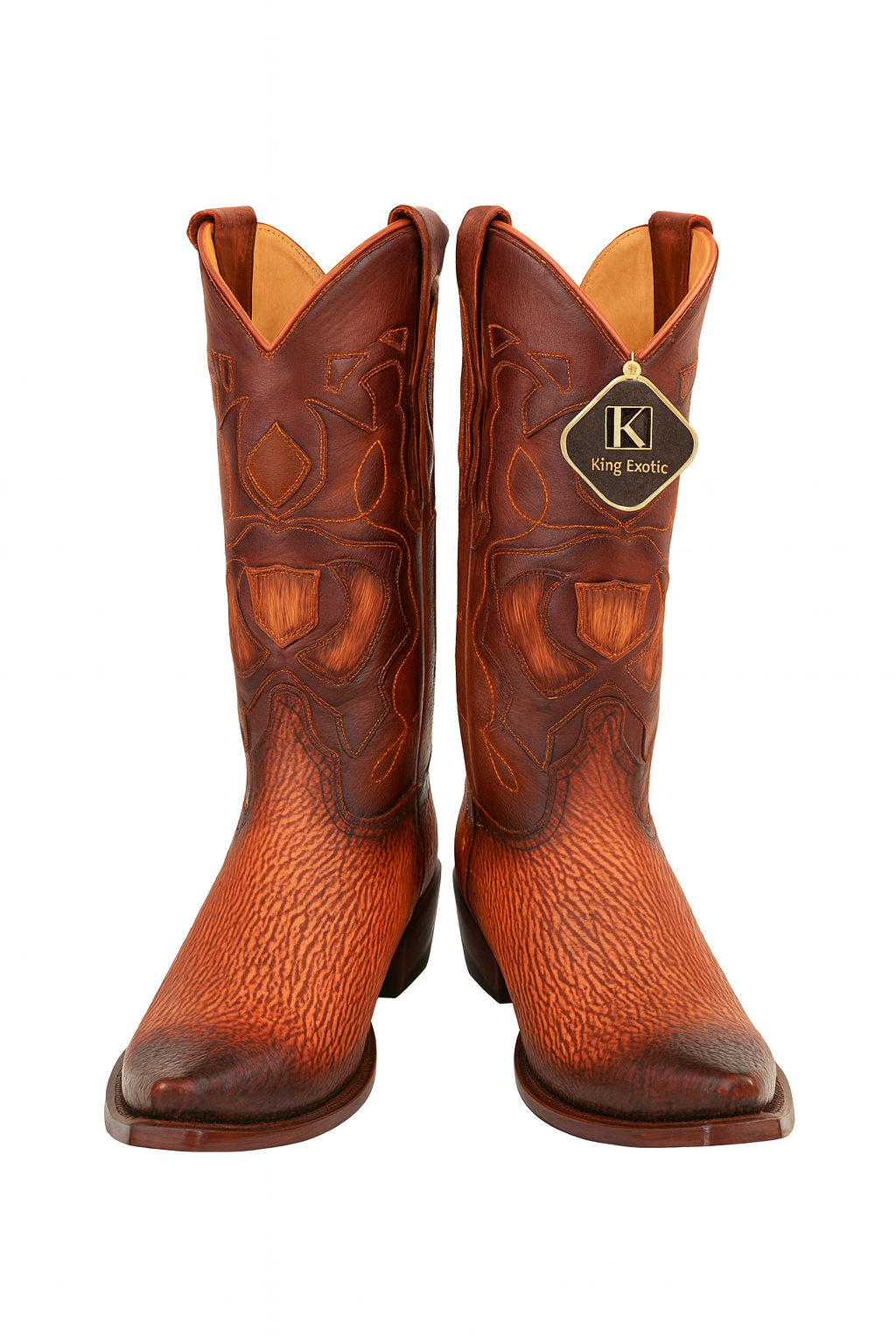 Men's King Exotic Snip Toe Sharkskin Boots Handcrafted Burnished Cognac (494RD0903)