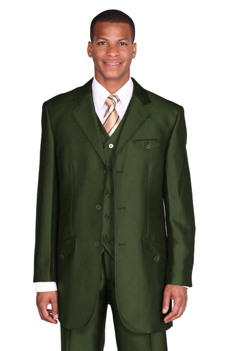 Mens 3 Button Vested Mini Diamond Weave Shiny Sharkskin Suit in Olive