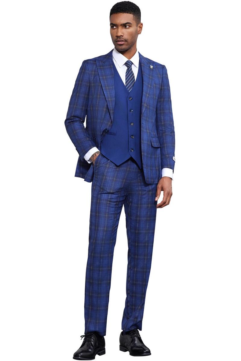 Stacy Adams Windowpane Plaid Vested Suit, Midnight Blue