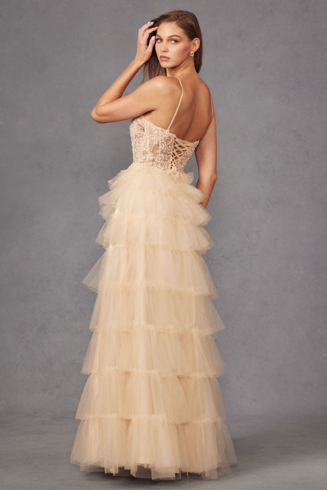 Lace Bodice Sleeveless A-line Ruffled Gown by Juliet JT2451S
