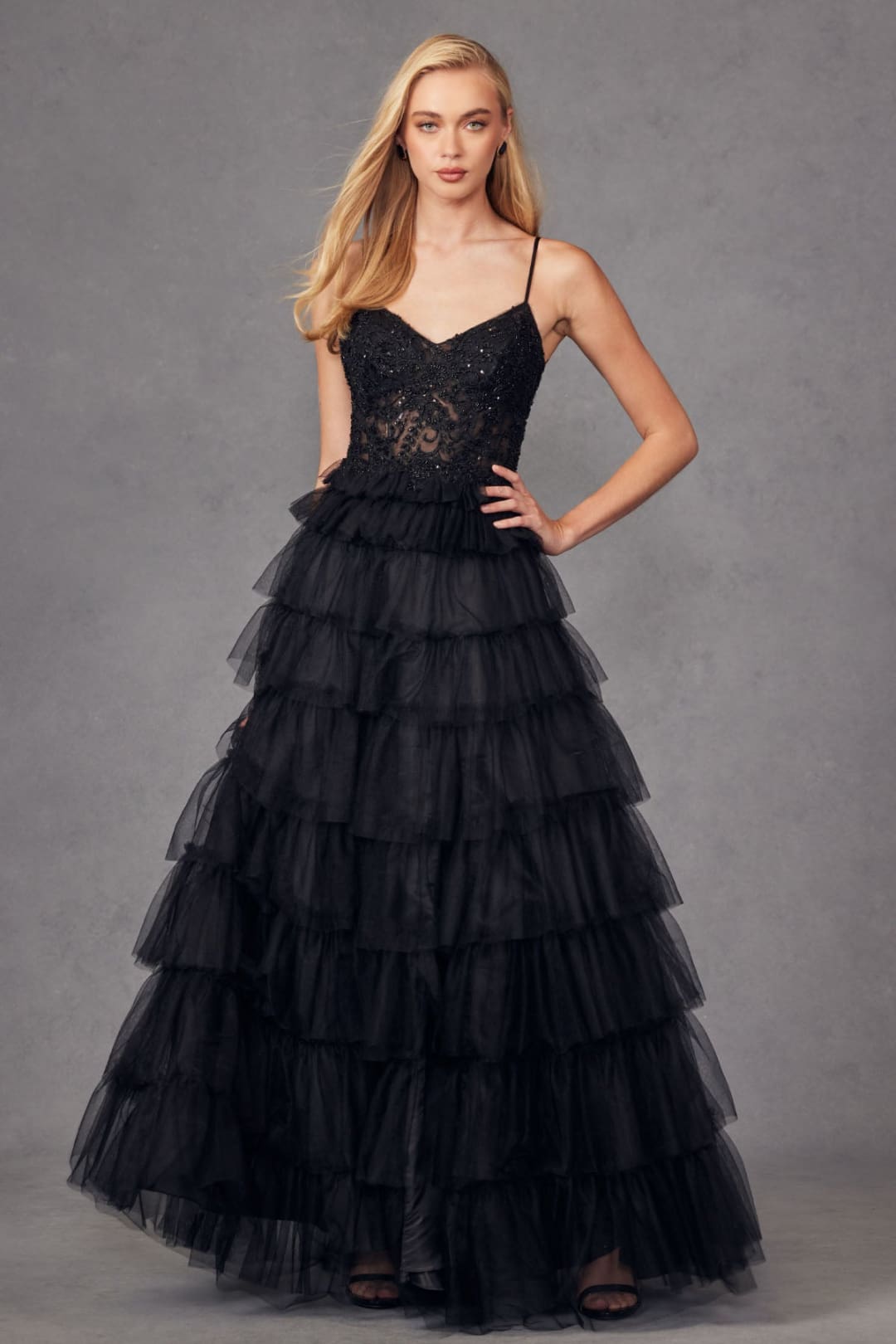 Lace Bodice Sleeveless A-line Ruffled Gown by Juliet JT2451S