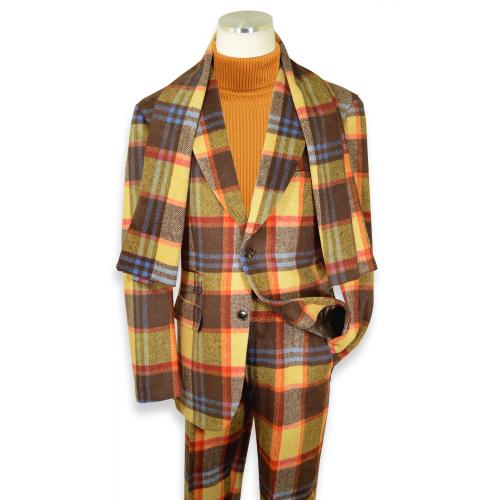 Mens 4 Button Peak Lapel Checkered Suit Multi Color