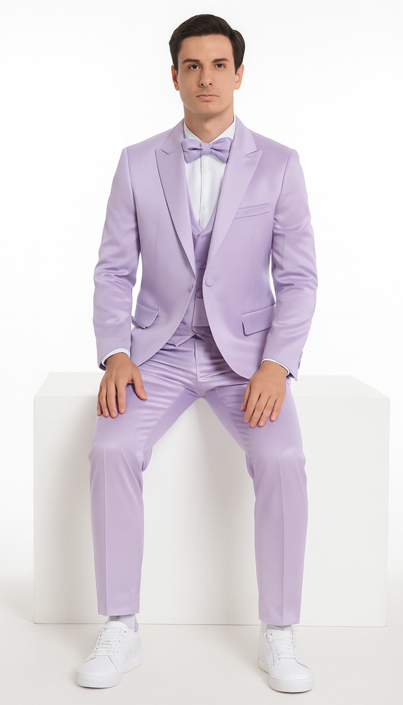 Men's Lavender Satin 3 Piece Slim Fit Tazzio Suit with Peak Lapel – Stylish Modern
