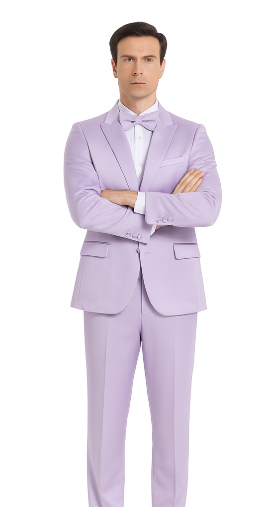 Men's Lavender Satin 3 Piece Slim Fit Tazzio Suit with Peak Lapel – Stylish Modern