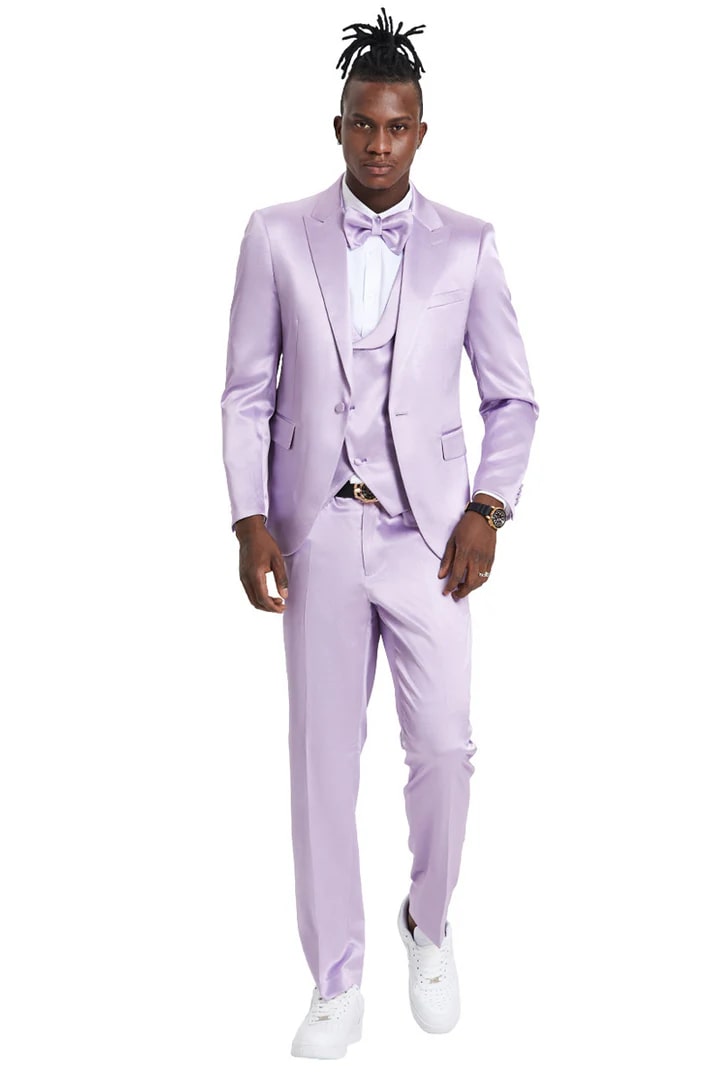 One Button Vested Satin Lavender Party Suit