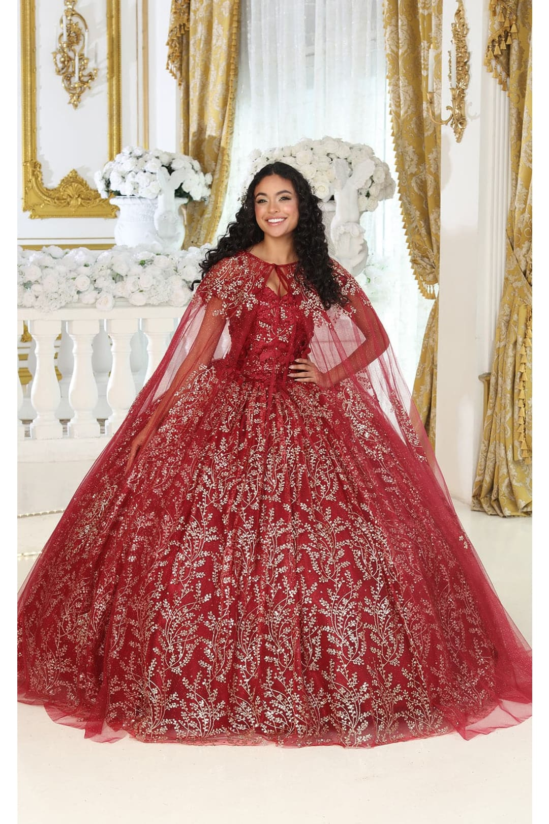 Layla K LK204 Detachable Cape Glitter 3D Floral Applique Quince Gown