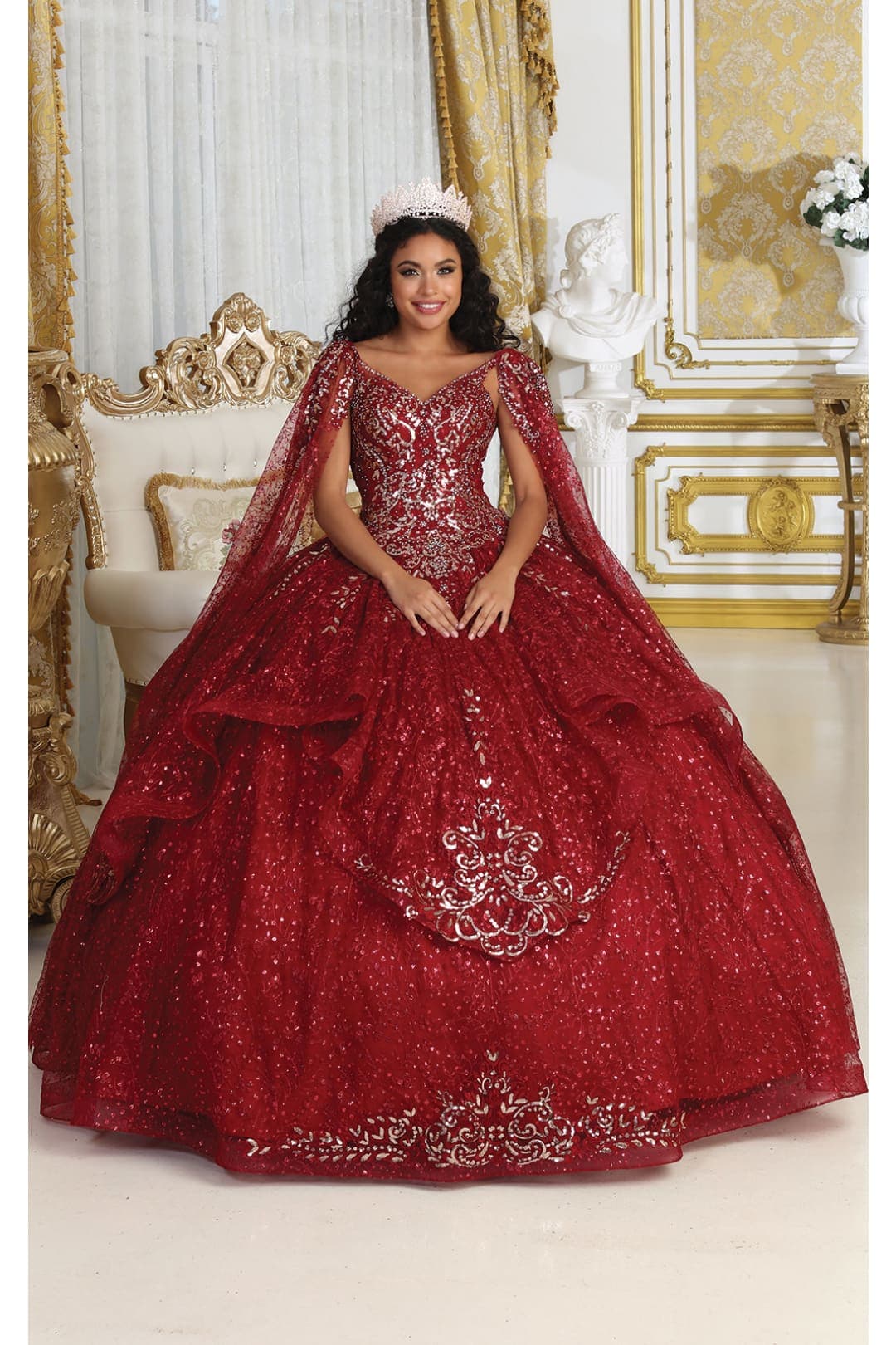 Layla K LK218 Detachable Cape Sleeves Glitter Corset Quinceanera Ball Gown