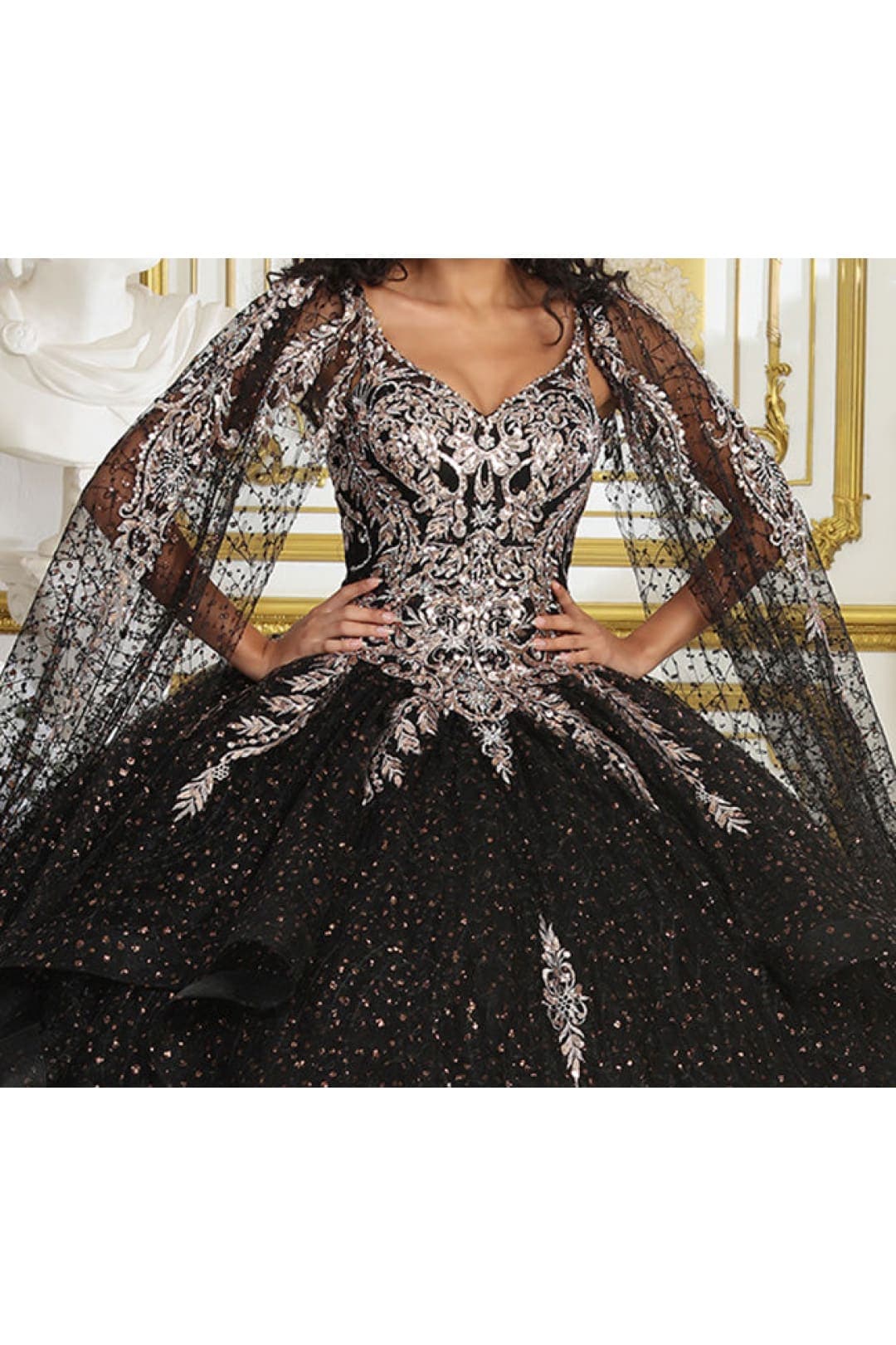 Layla K LK218 Detachable Cape Sleeves Glitter Corset Quinceanera Ball Gown