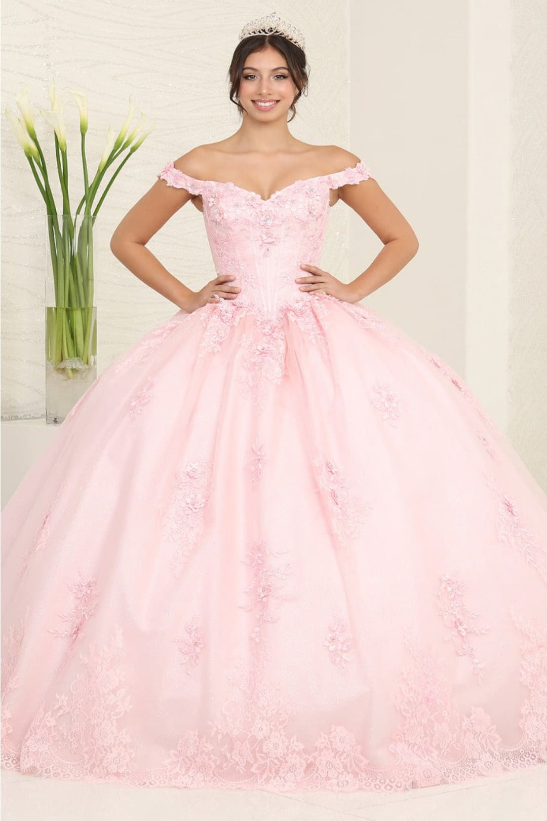 Layla K LK260 Floral Glitter Quinceanera Off-Shoulder Sweet 16 Ball Gown