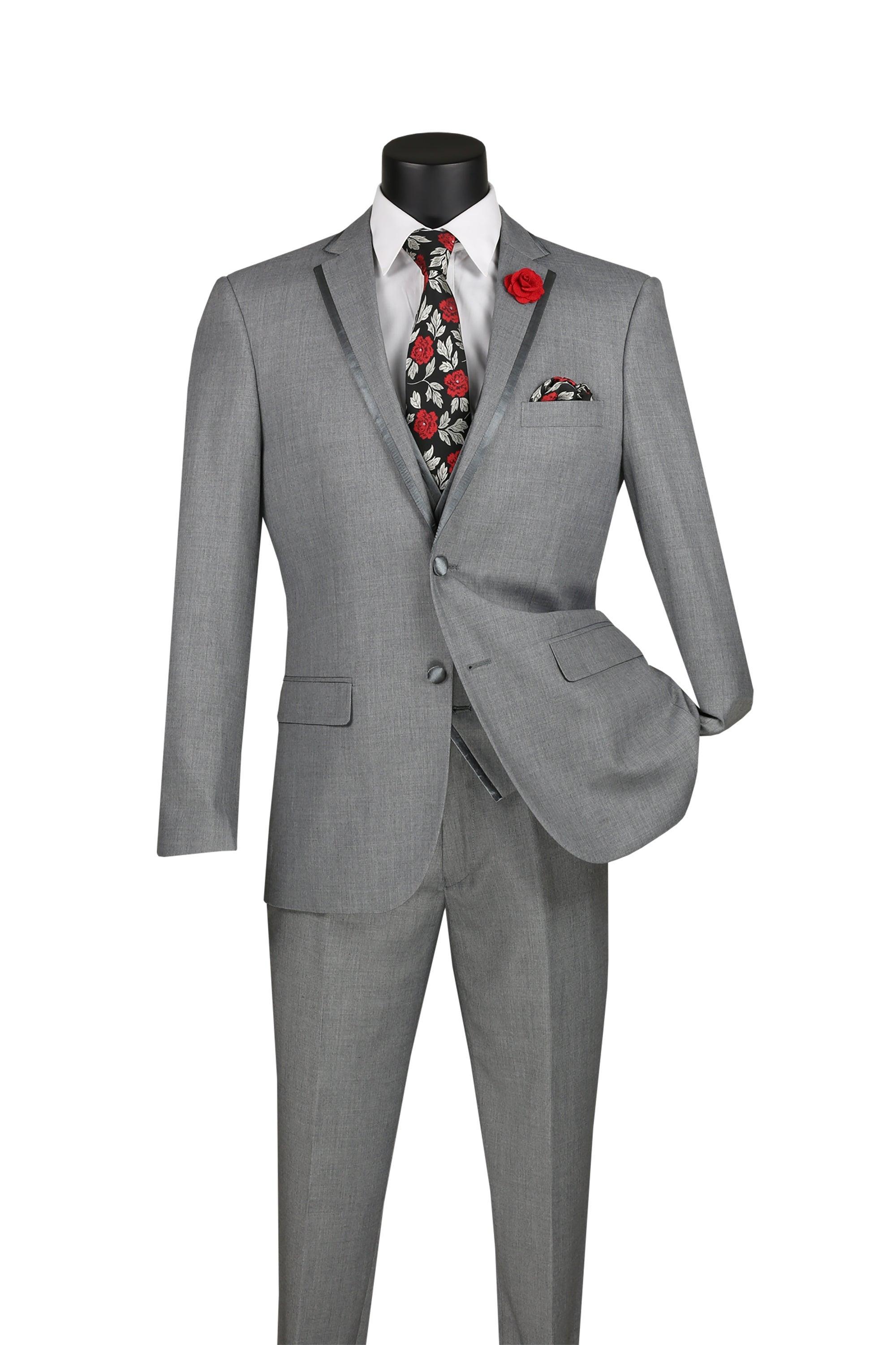 Slim Light Gray Trimmed Lapel Suit - 3 Piece
