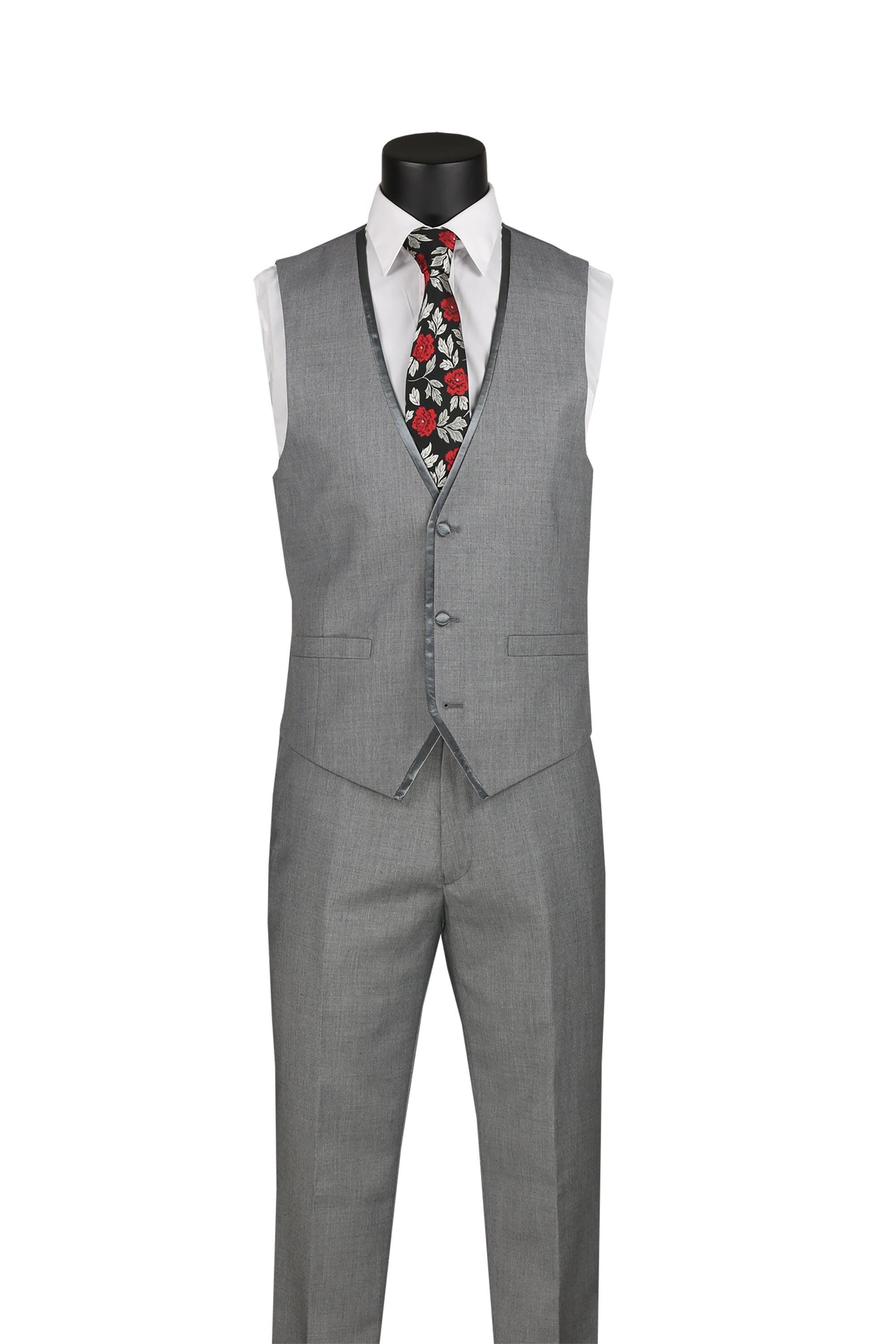Slim Light Gray Trimmed Lapel Suit - 3 Piece