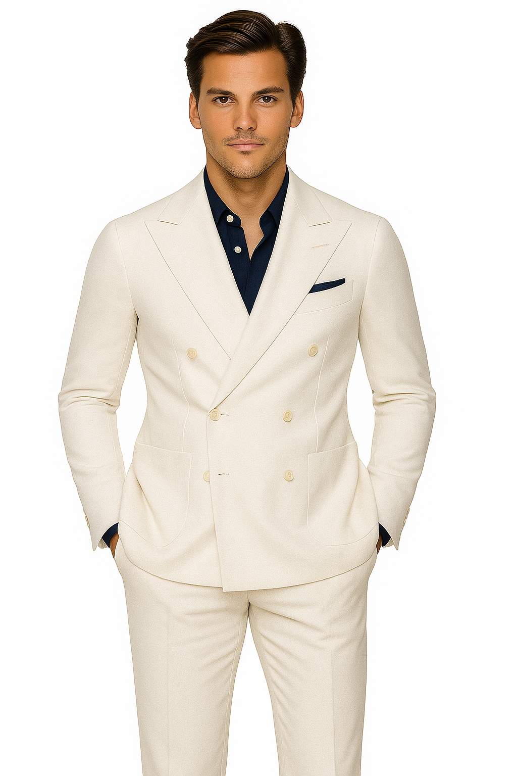 White Linen Double Breasted Suit, 4 Button