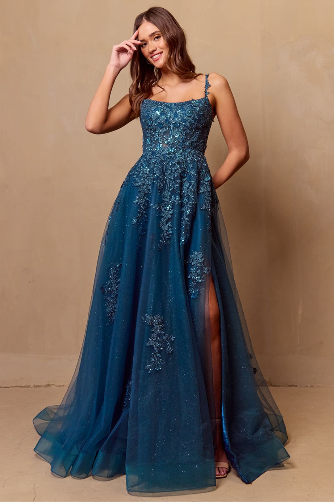 Long Evening Dress Scoop Neck Embroidered Gown By Amelia Couture 4044