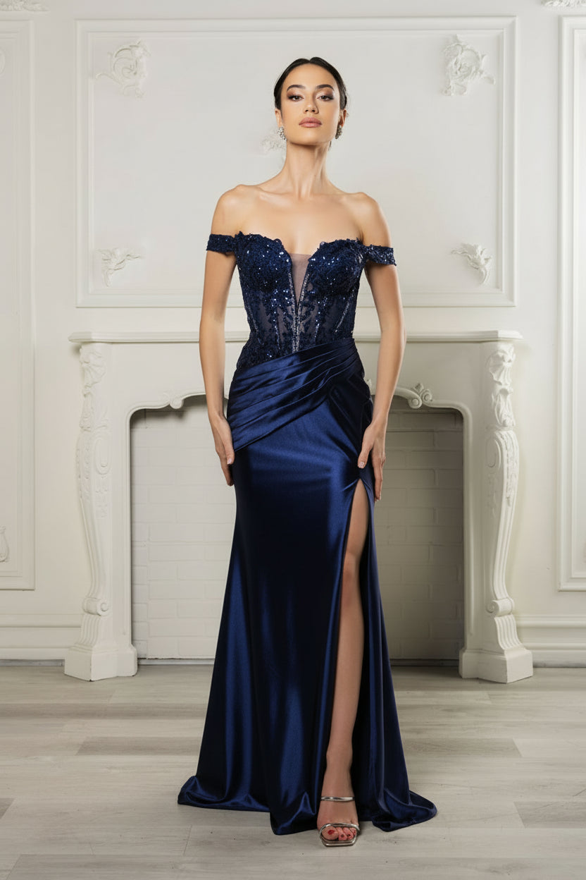Long Formal Dress Off The Shoulder High Slit Plus Size Gown By May Queen MQ2157B