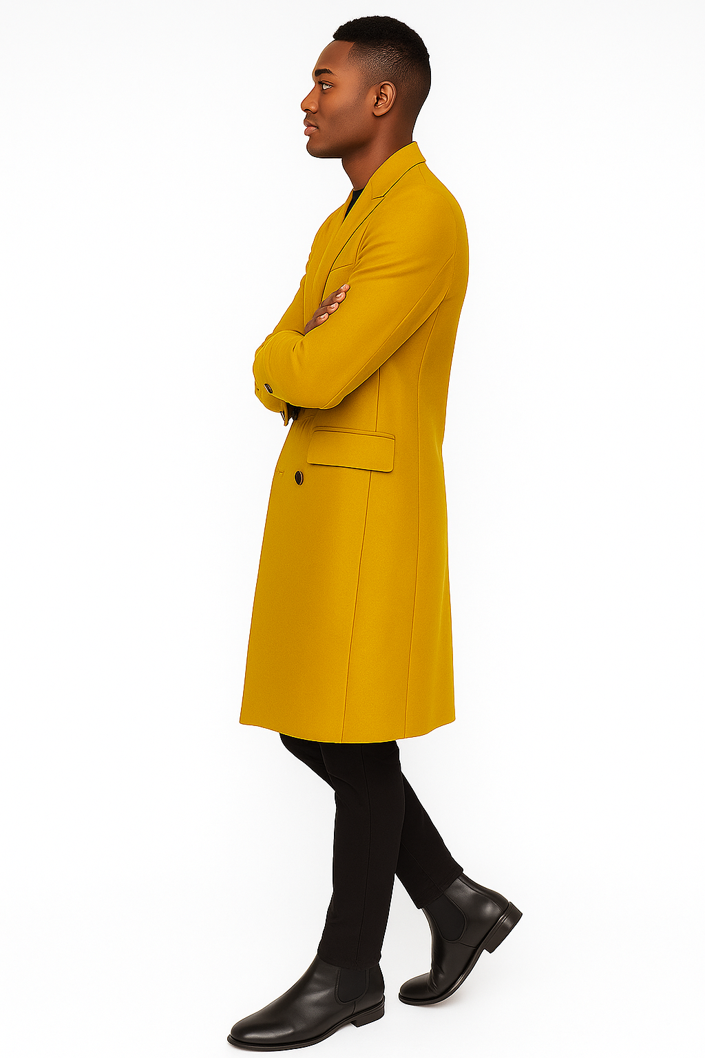 Gold Double Breasted 44-Inch Wool Overcoat