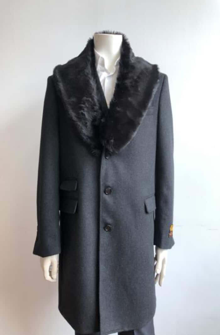 Men's Charcoal Wool Car Coat with Fur Collar