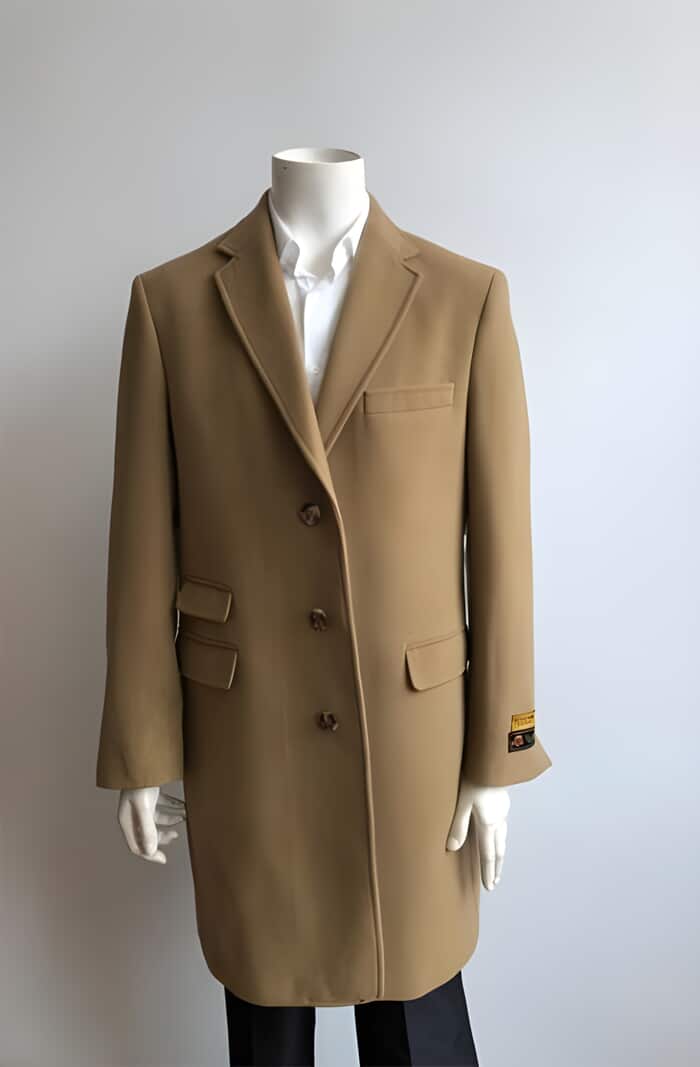Camel Wool Three-Quarter Peacoat with Fur Collar