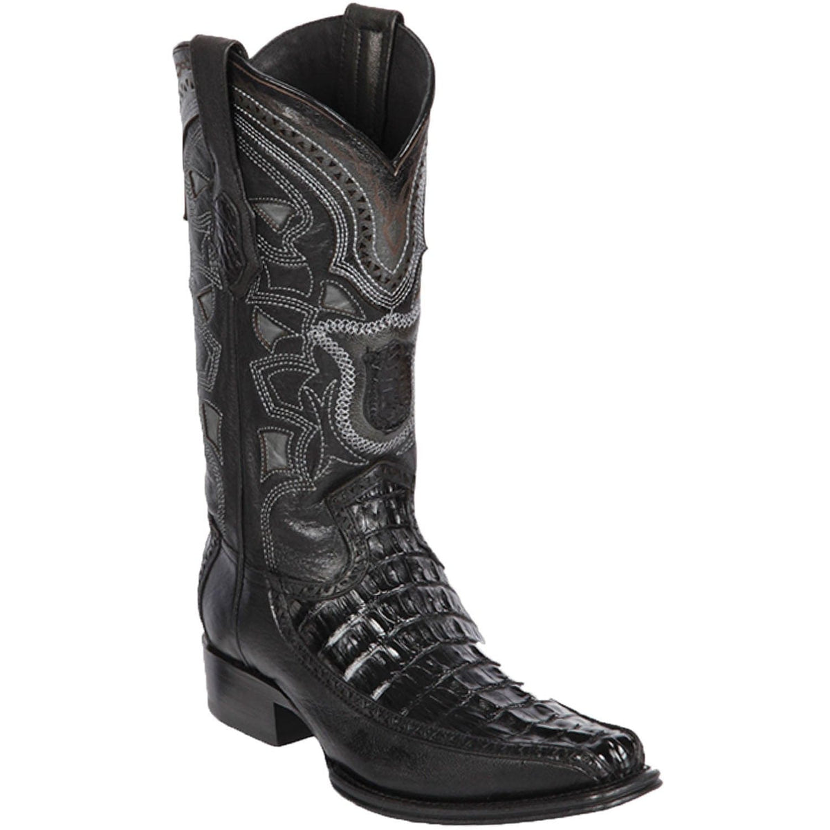 Men's genuine Caiman Tail And Deer Skin European Square Toe Boots Black Color