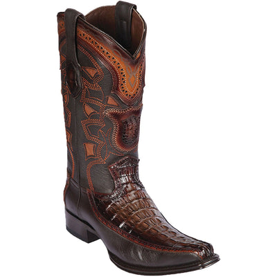Men's genuine Caiman Tail And Deer Skin European Square Toe Boots Faded Brown Color