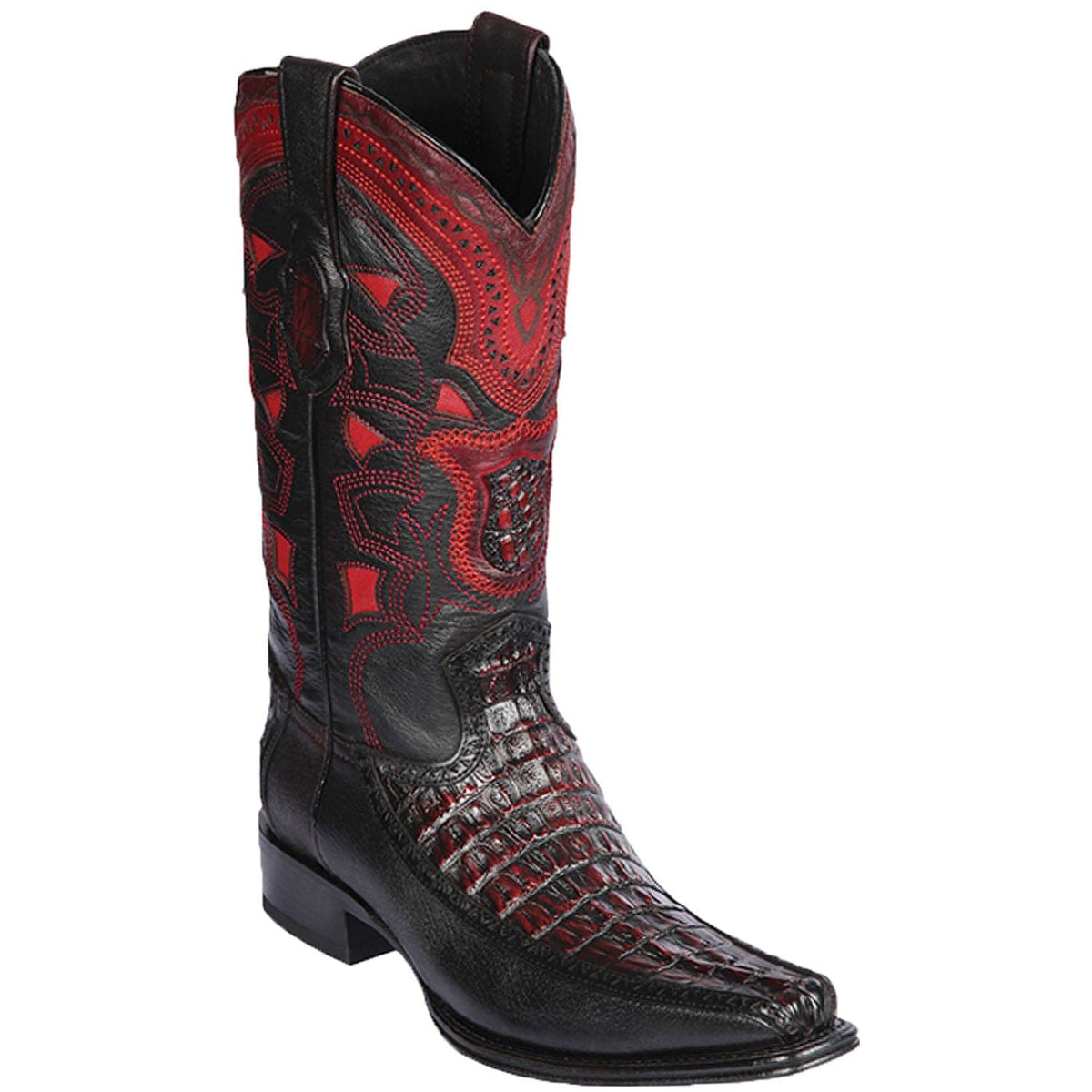 Men's genuine Caiman Tail And Deer Skin European Square Toe Boots Black Cherry Color