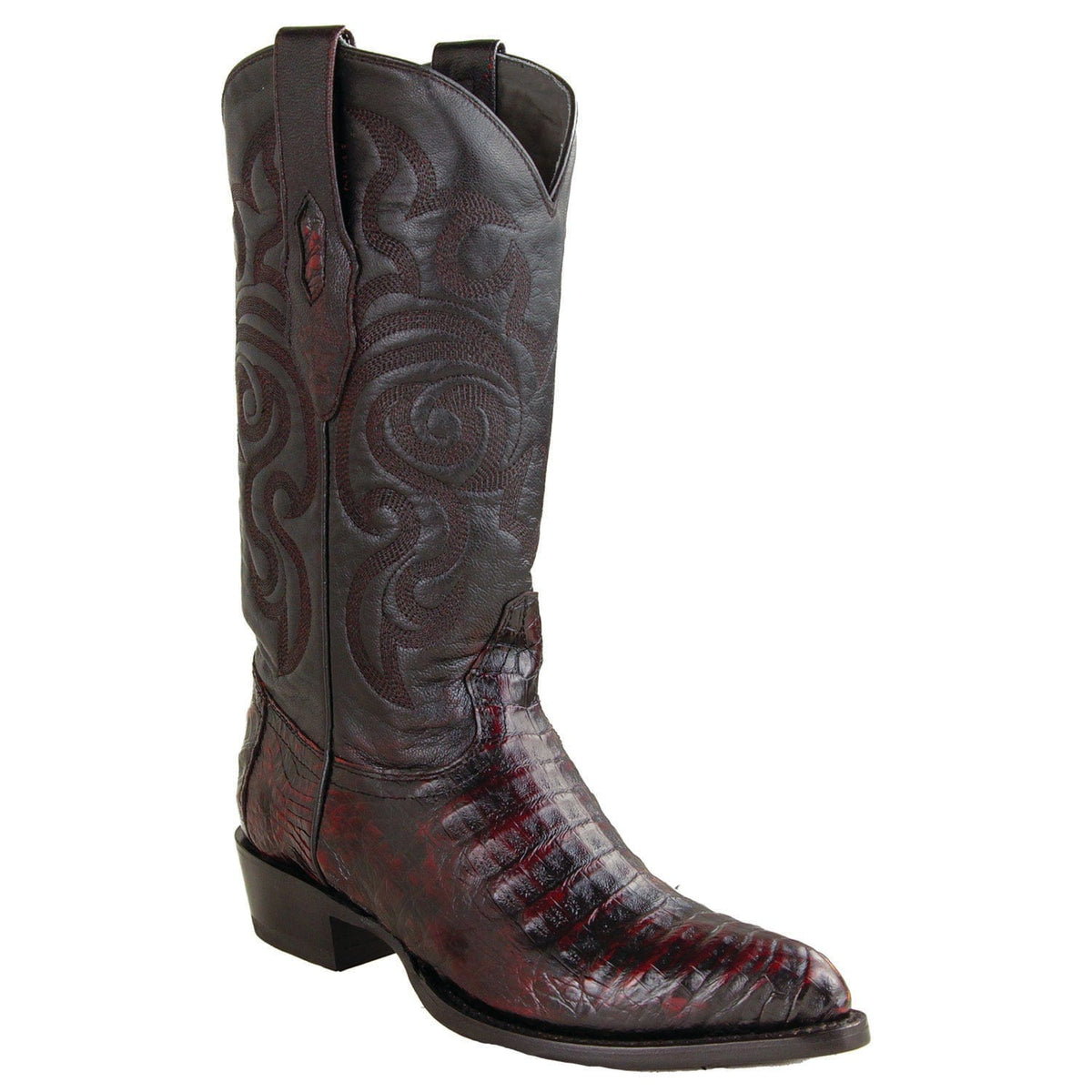 Men's Genuine Caiman Belly Skin J Toe Boots Black Cherry Color - Los Altos Boots
