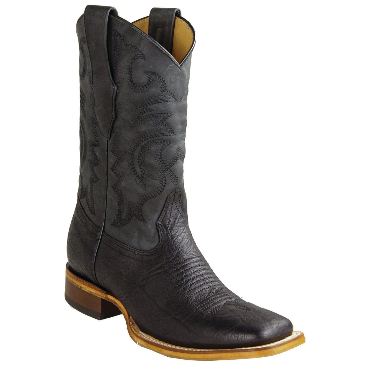 Men's Genuine Bull Shoulder Skin Rodeo Wide Square Toe Boots - Los Altos Boots - Black