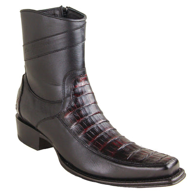 Men's Genuine Caiman Belly Skin and Leather European Square Toe Short Boots With Zipper Black Cherry Color - Los Altos Boots