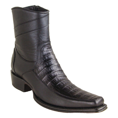 Men's Genuine Caiman Belly Skin and Leather European Square Toe Short Boots With Zipper Black Color - Los Altos Boots