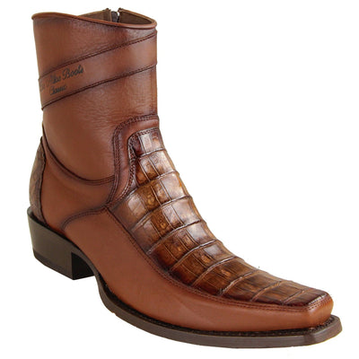 Men's Genuine Caiman Belly Skin and Leather European Square Toe Short Boots With Zipper Faded Brown Color - Los Altos Boots
