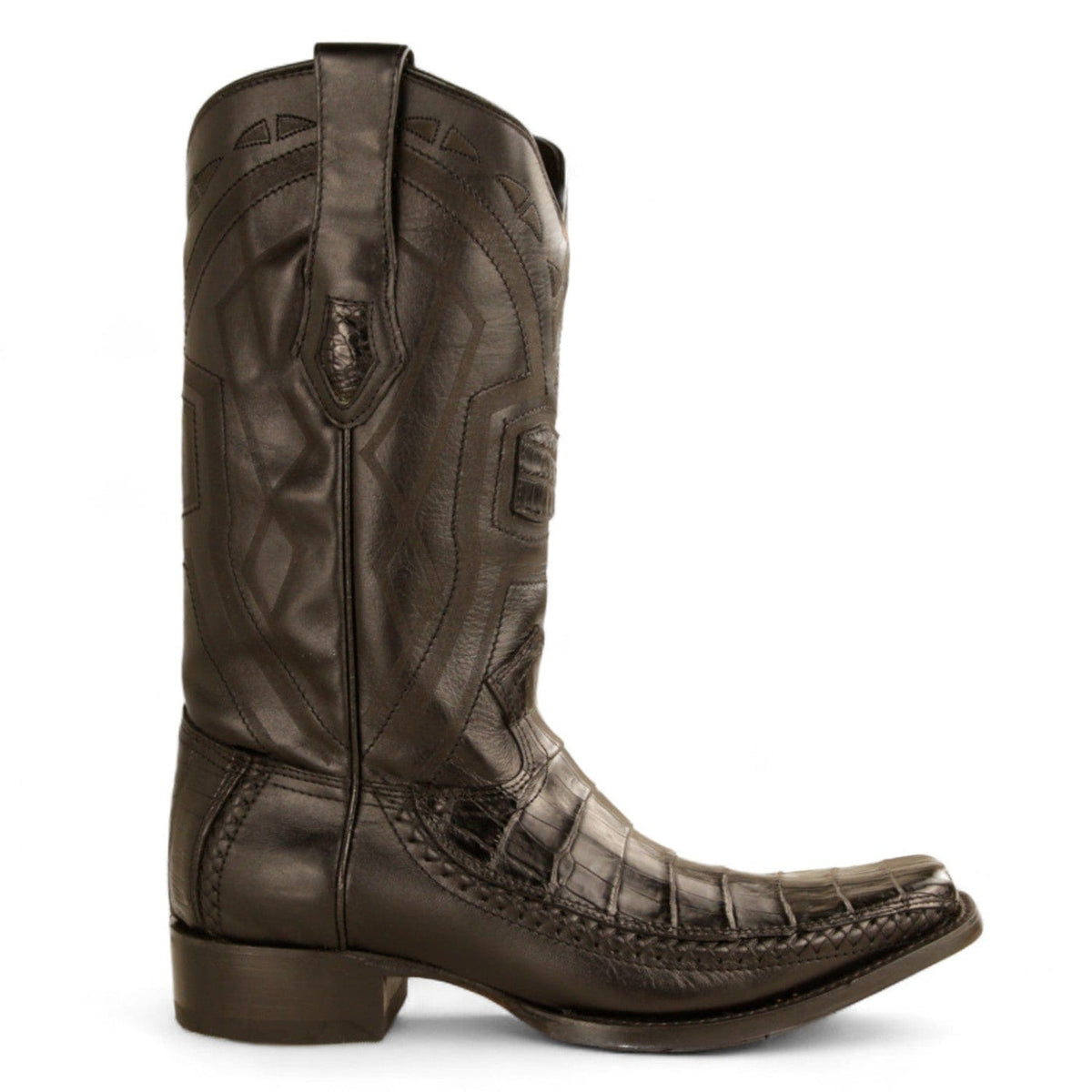 Men's genuine Caiman Tail Skin European Square Toe Short Boots With Zipper Black Cherry Color