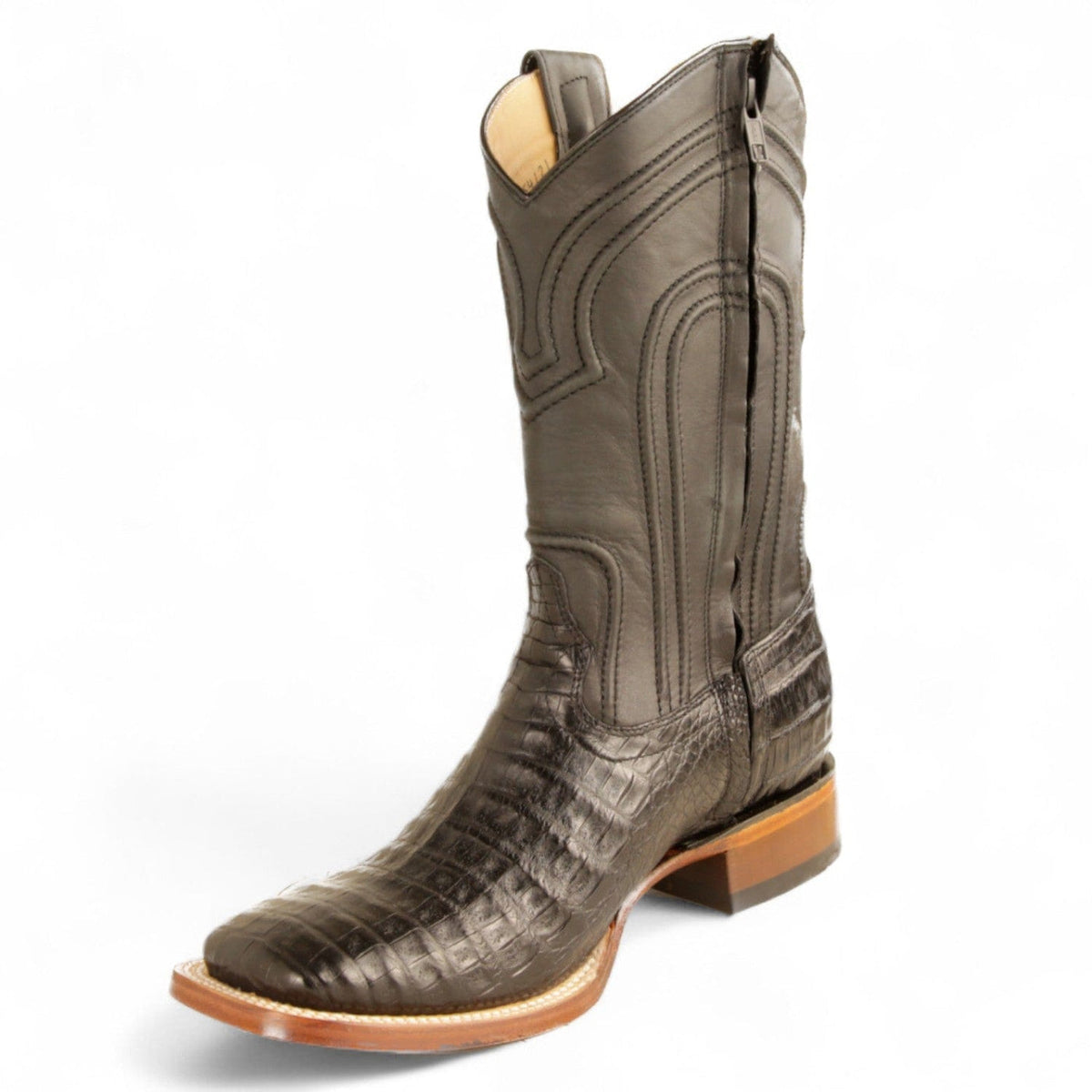 Men's genuine Caiman Tail And Deer Skin European Square Toe Boots Black Cherry Color