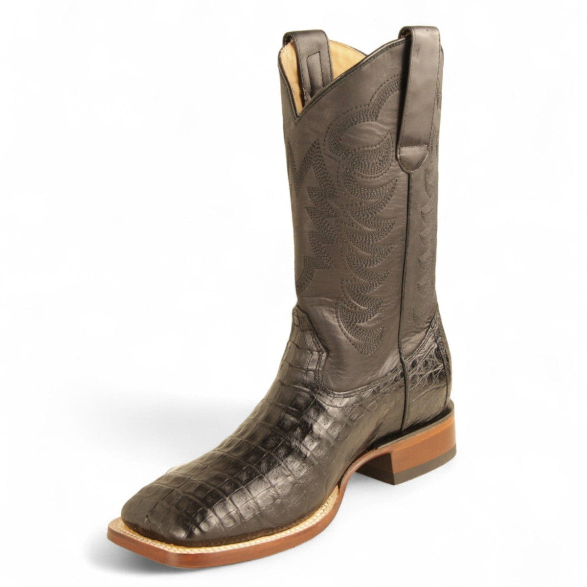 Men's genuine Caiman Tail Skin European Square Toe Short Boots With Zipper Black Color