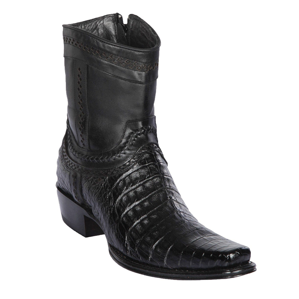 Men's Genuine Caiman Belly Skin European Square Toe Short Boots With Zipper Black Color - Los Altos Boots
