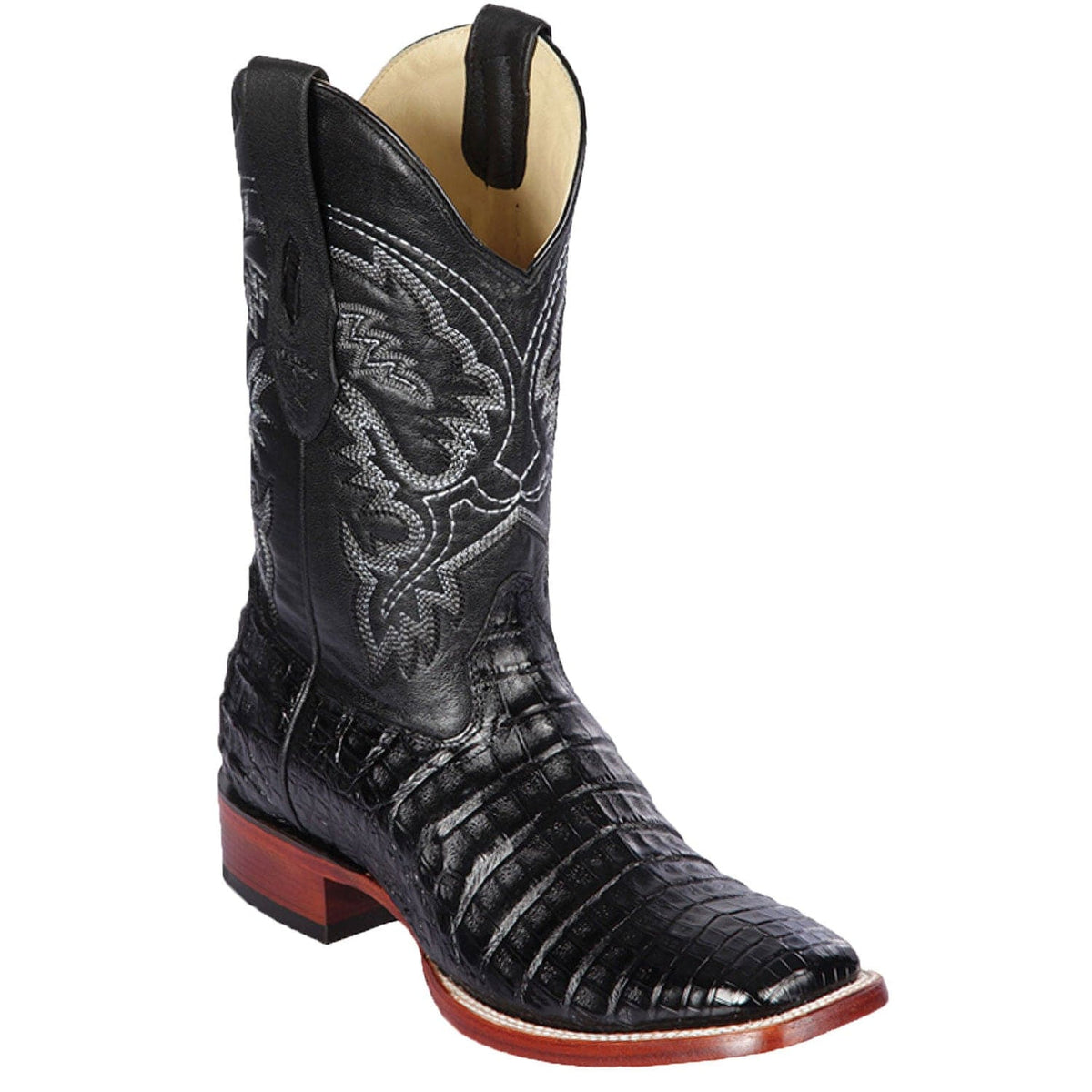 Men's genuine Caiman Hornback Skin Rodeo Wide Square Toe Boots Black Color