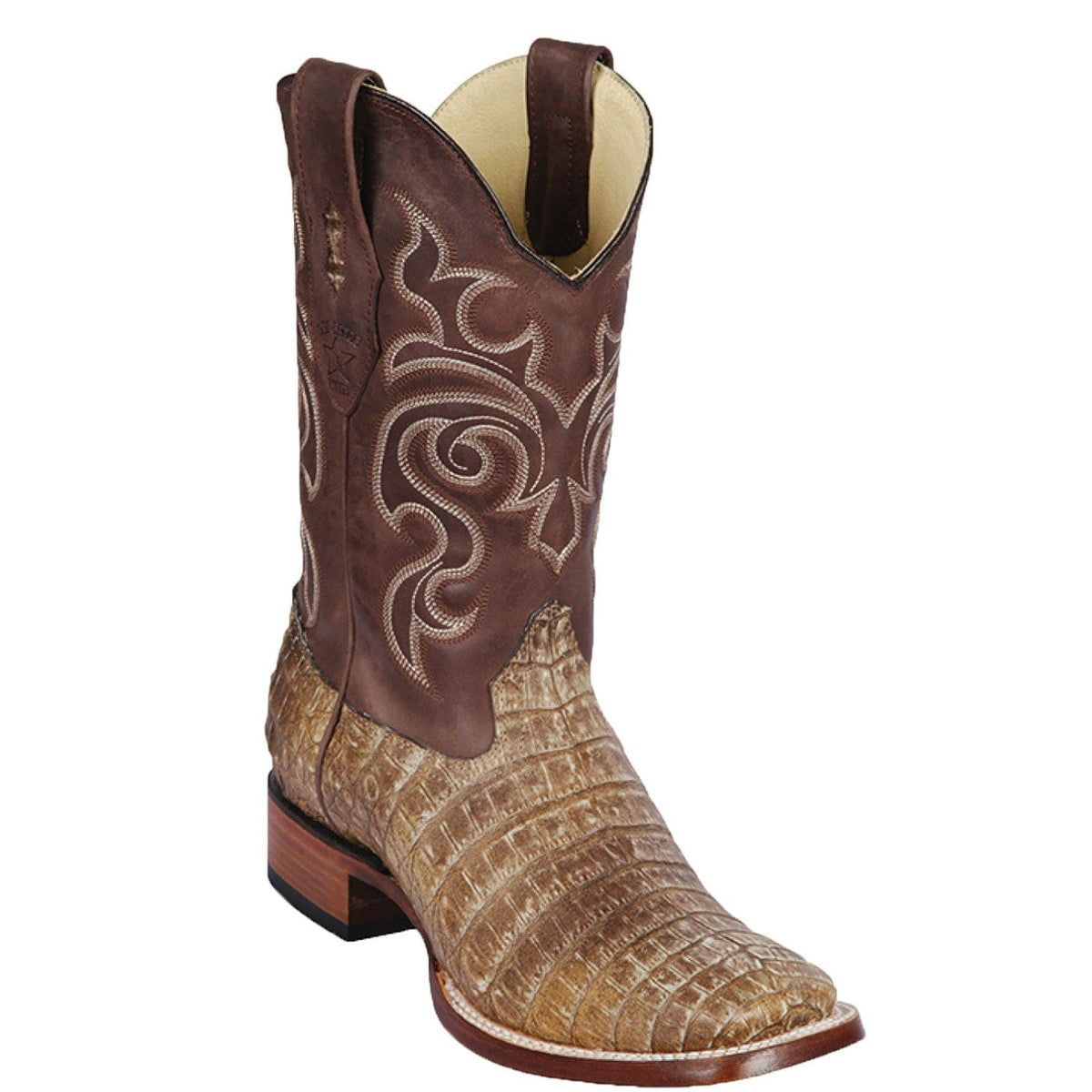 Men's genuine Caiman Hornback Skin Rodeo Wide Square Toe Boots Black Color